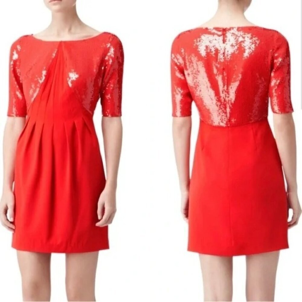 Reiss Red/Orange  Sequin Top 3/4-Sleeve Fitted Dress Size 4